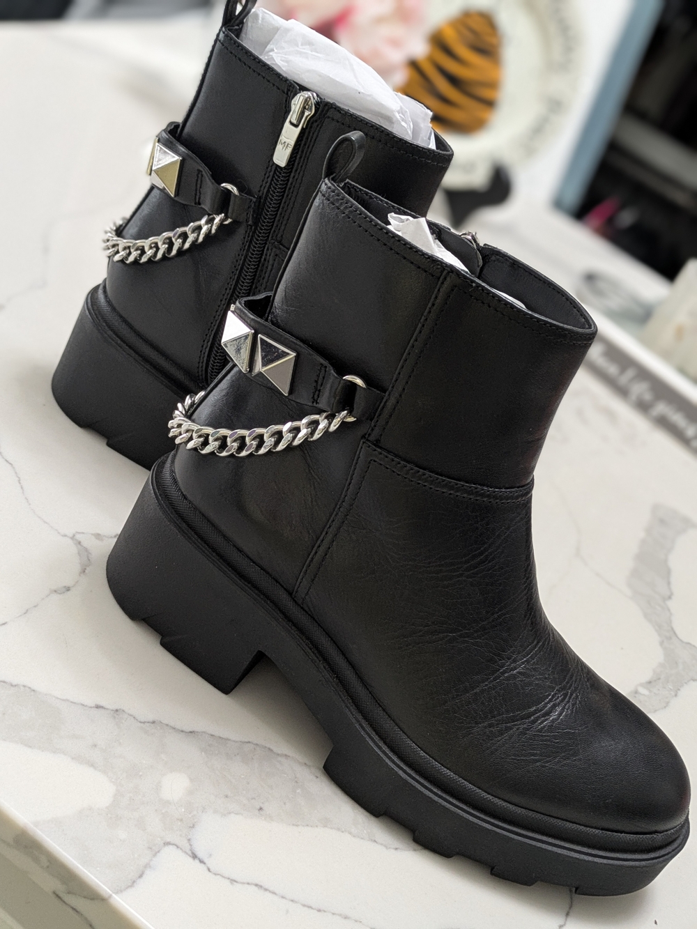 Marc Fisher Black Platform Ankle Boots with Stud & Chain Accents 7B